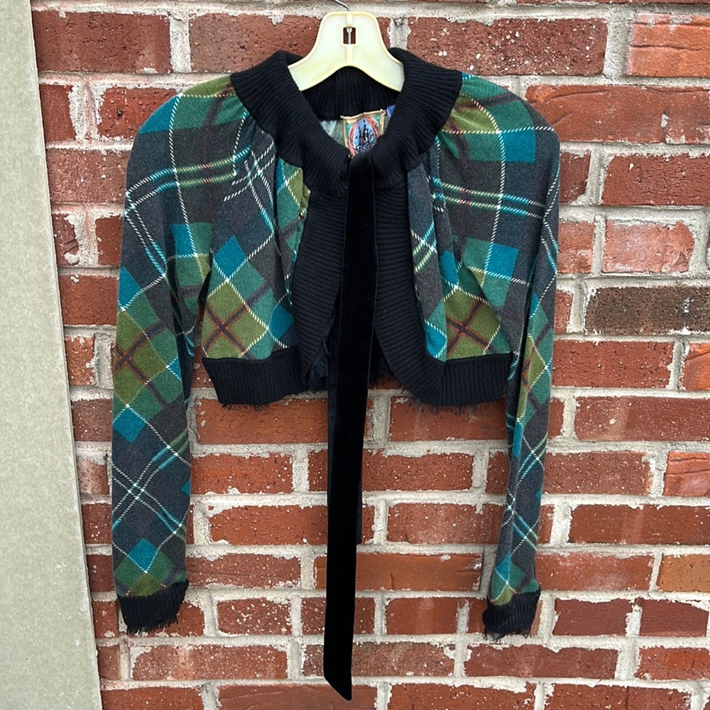 L.A.M.B. Cashmere Plaid Cardigan Green/Blue/Black Small
